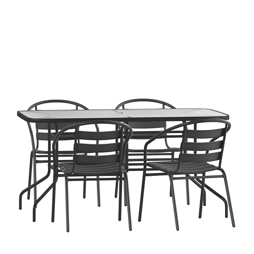 Rectangular Metal Patio Table & Chairs Set with Tempered Glass Top and 4 Black Aluminum Stacking Chairs Z147193