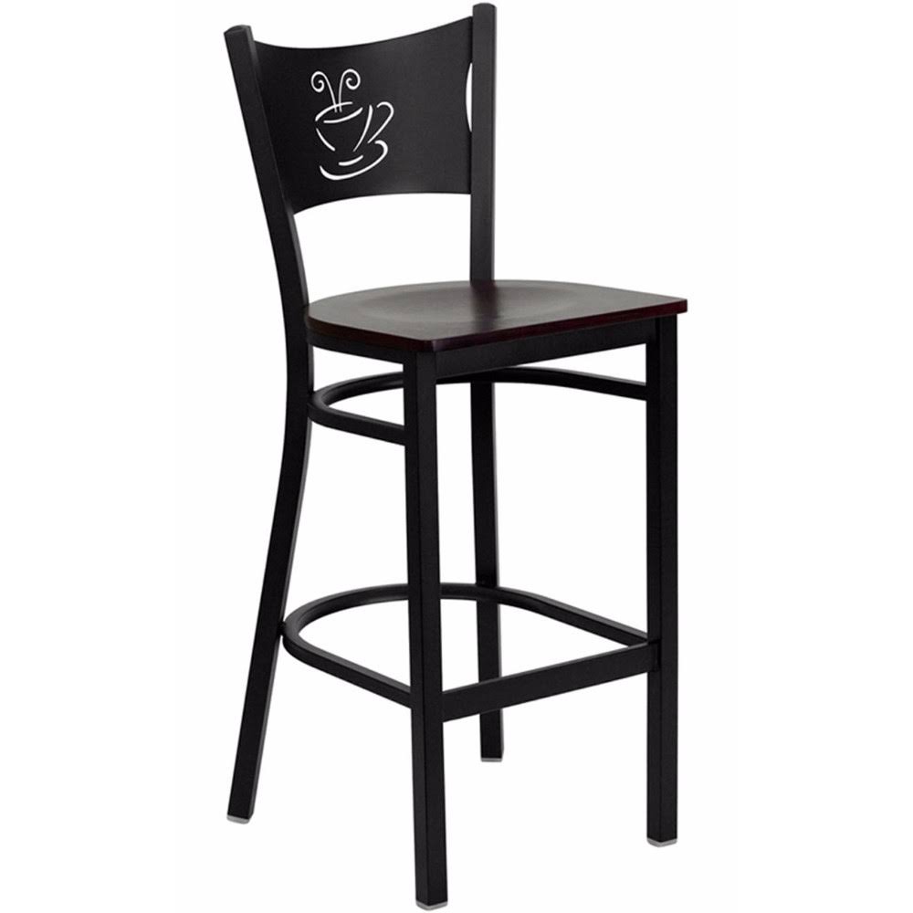Black Metal Restaurant Bar Stool with Mahogany Wood Seat I462067
