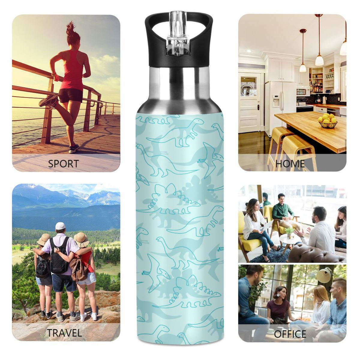 Dinosaur Green Pattern Stainless Steel Insulated Water Bottle with Straw Lid H623439