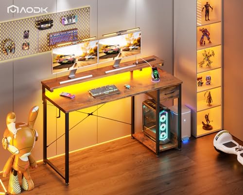 Black 40 Inch Computer Desk with LED Lights, Power Outlet, Drawer, Monitor Stand, Headphone Hook W3083