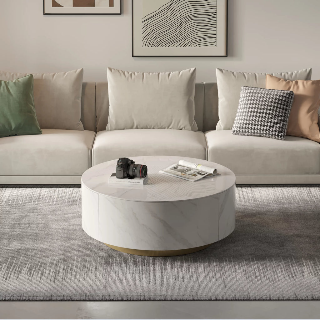 White Round Coffee Table with Two Drawers Y432