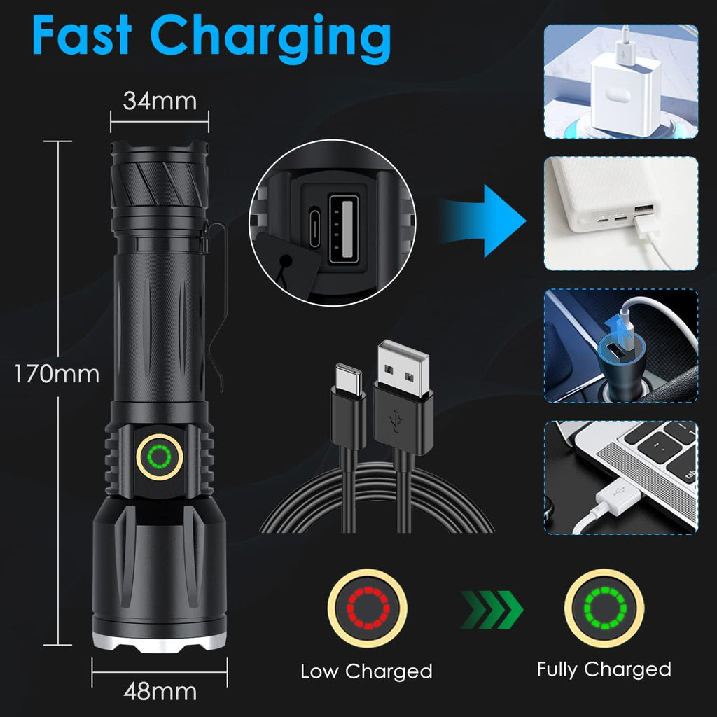 Rechargeable Tactical Flashlight, 120000 Lumens, 5 Modes, Zoomable, Waterproof J361