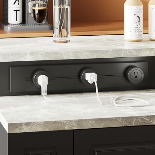 94.5" W Stationary Kitchen Island Storage Cabinet with Power Outlet, 3 Drawers, Black & Marble Grain F55584