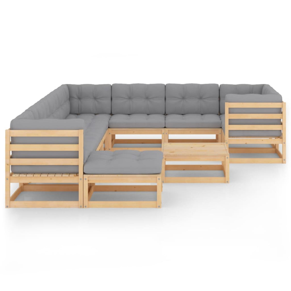 11 Piece Gray Cushioned Pinewood Sectional Outdoor Furniture Set F744