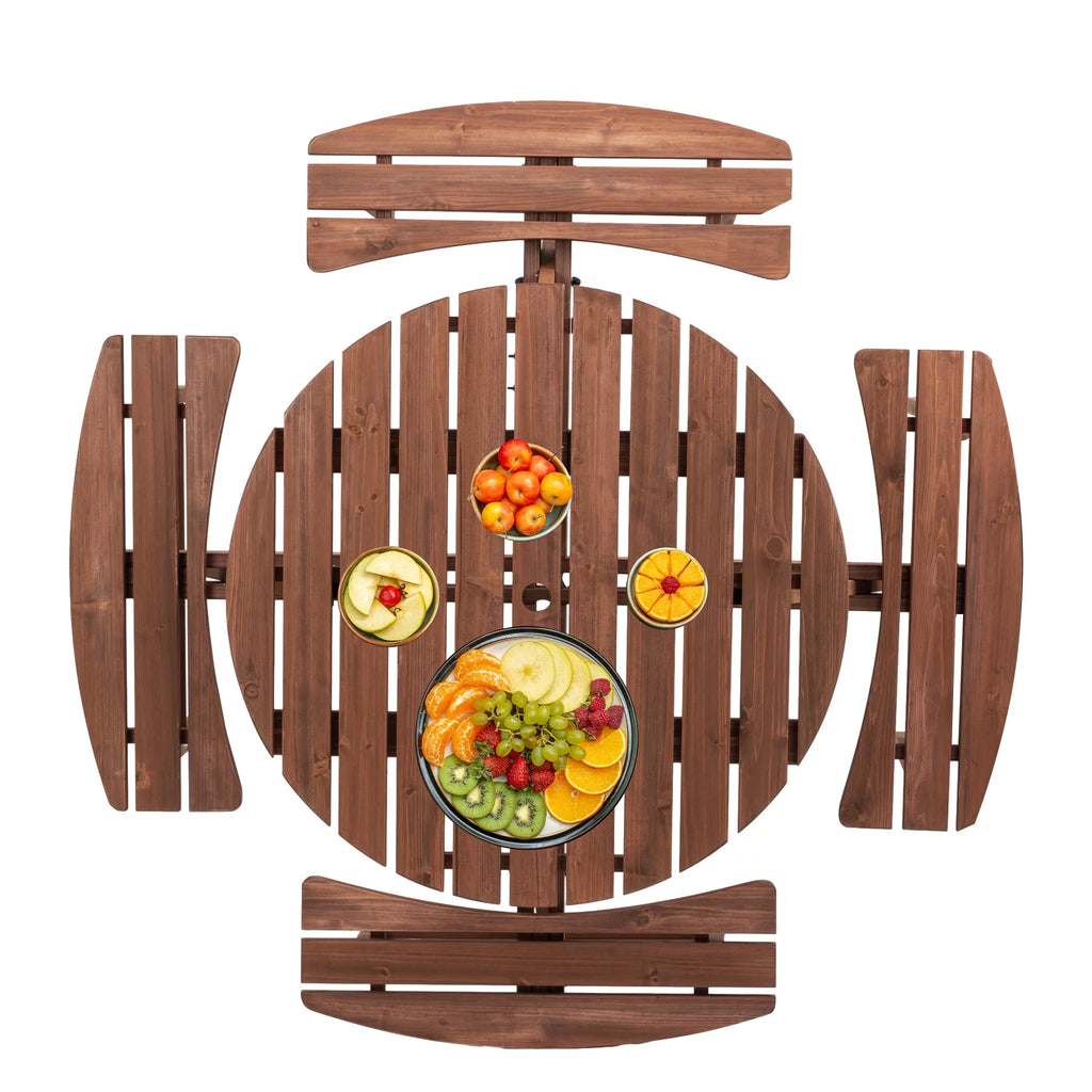 8-Person Circular Wooden Picnic Table with 4 Built-in Benches Gray L76794