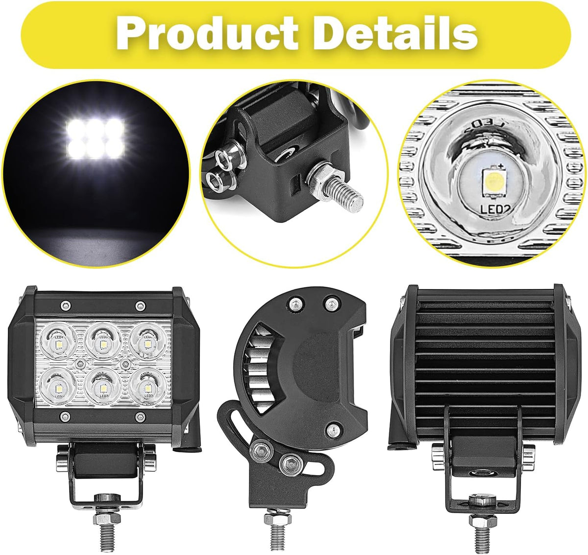 Front Pillar Roll Cage Light Mount Brackets Pair 18W 4 LED Spot Work Lights with Wiring Kit B3167