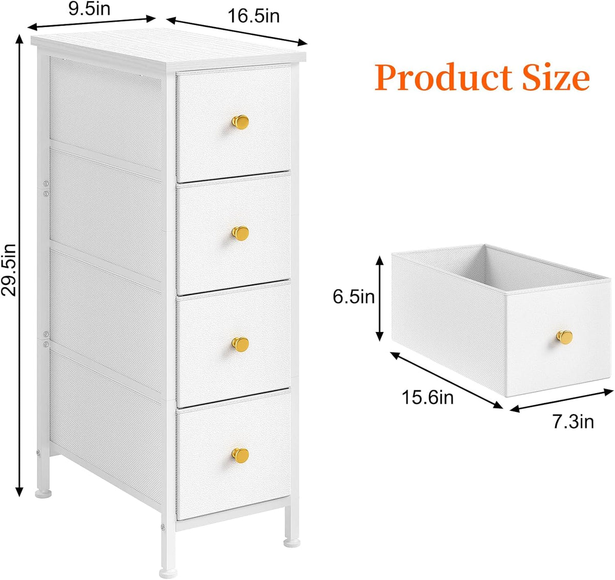 White 4 Drawer Slim Fabric Dresser with Steel Frame and Wood Top K72446