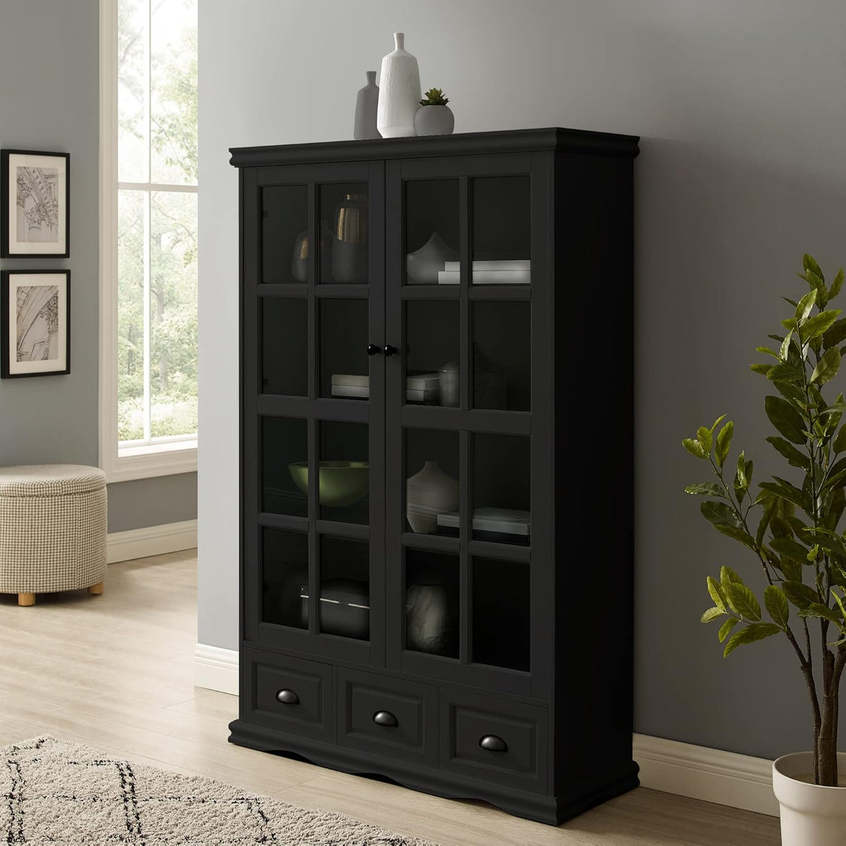 Black Storage Cabinet with Tempered Glass Doors and Adjustable Shelf K82175