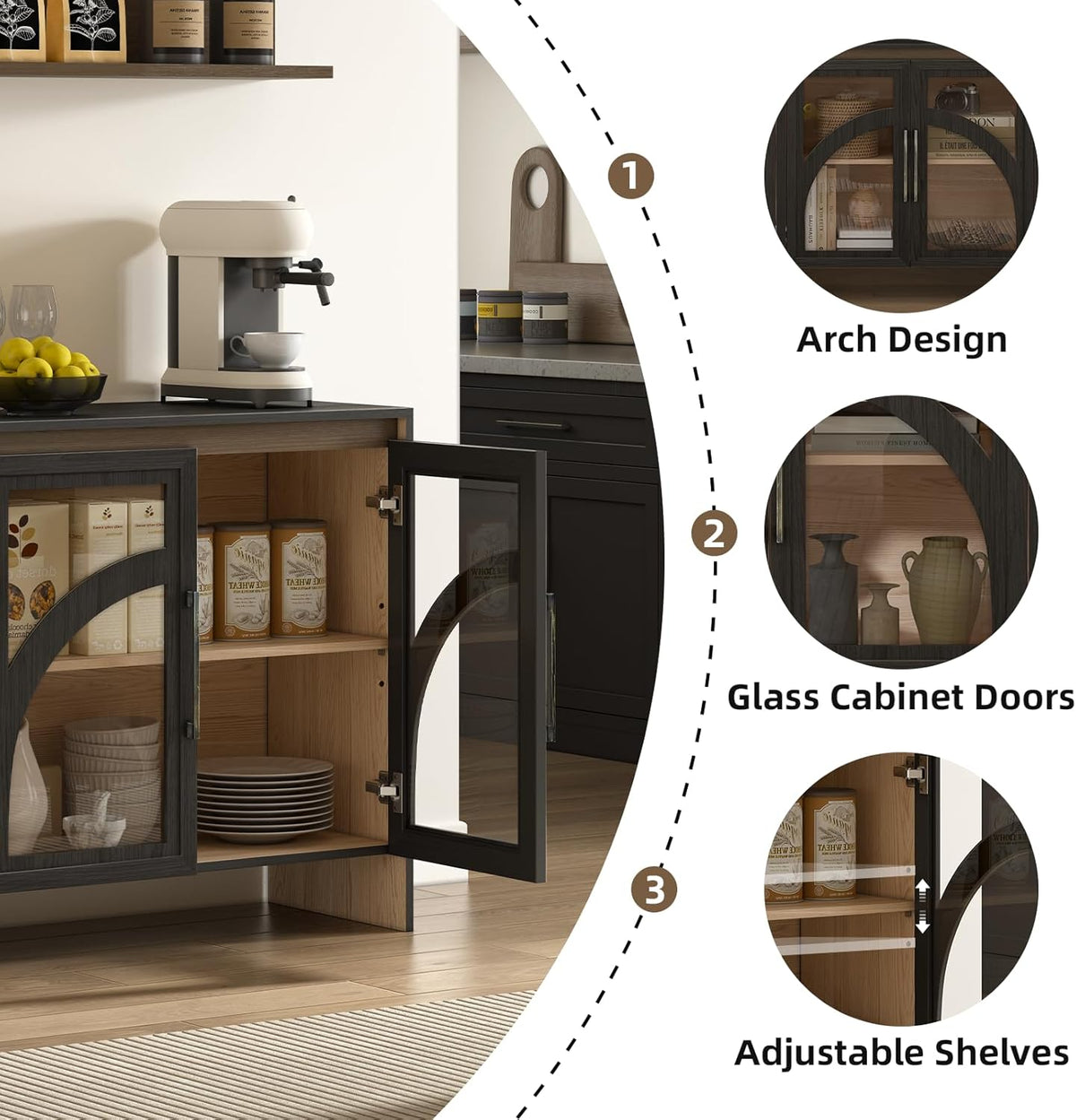Black Arched Accent Cabinet with Glass Door and Adjustable Shelf T1259