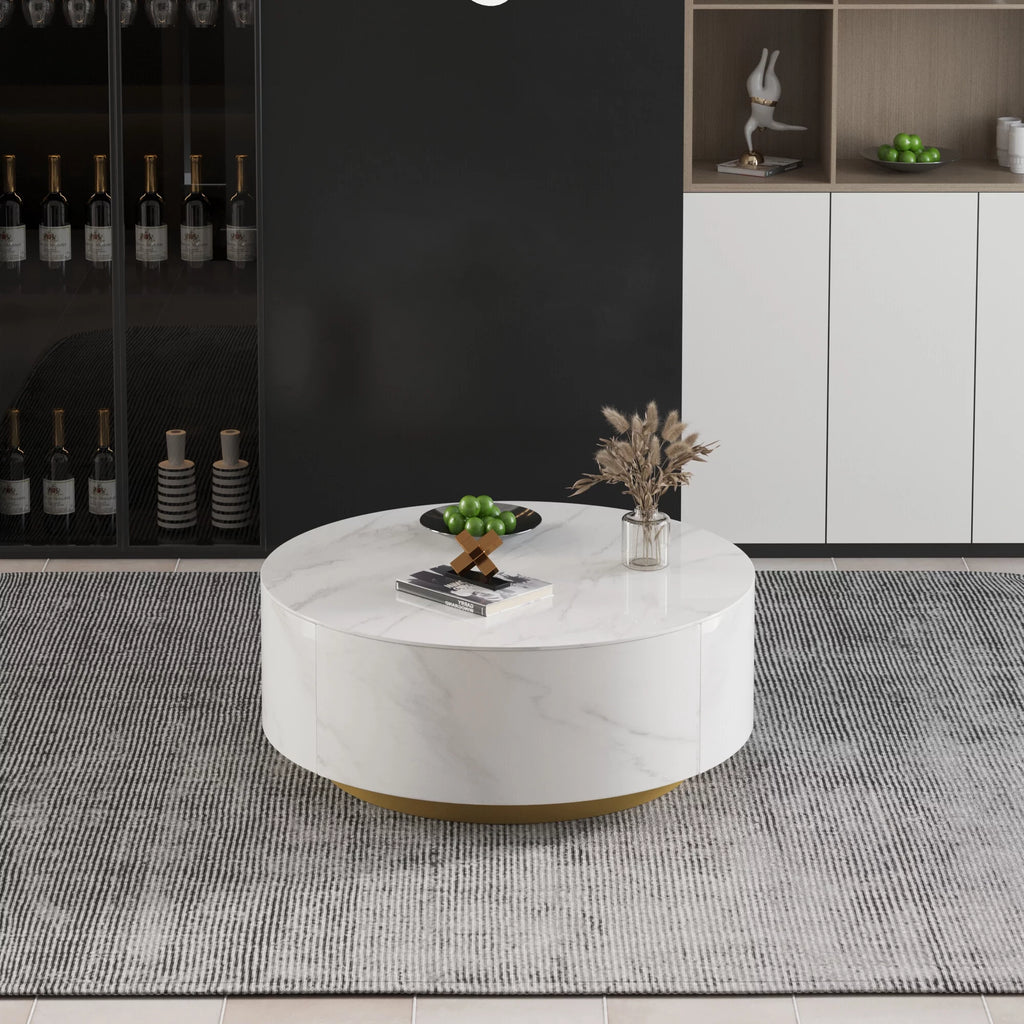 White Round Coffee Table with Two Drawers Y432
