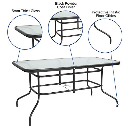 Rectangular Metal Patio Table & Chairs Set with Tempered Glass Top and 4 Black Aluminum Stacking Chairs Z147193