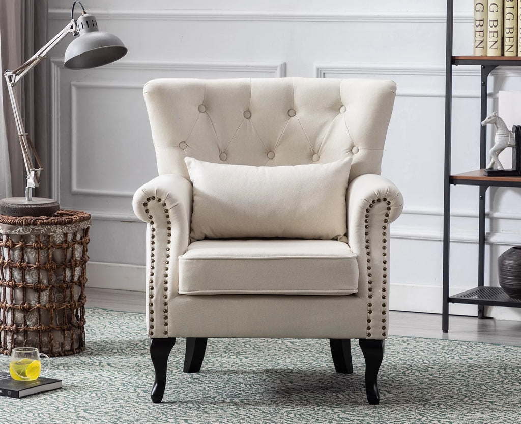 Beige Linen Tufted Accent Chair with Pillow N9360
