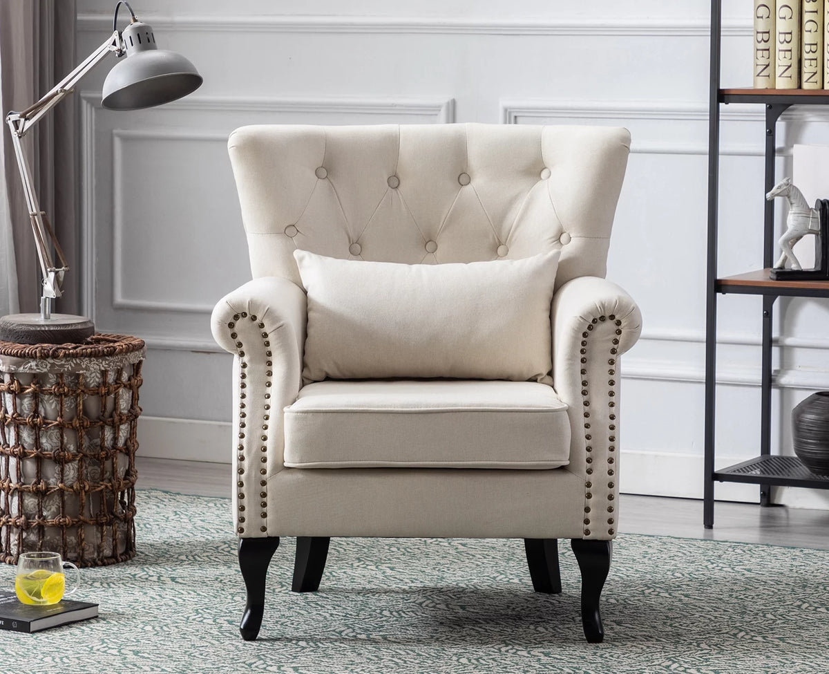 Beige Linen Tufted Accent Chair with Pillow N9360