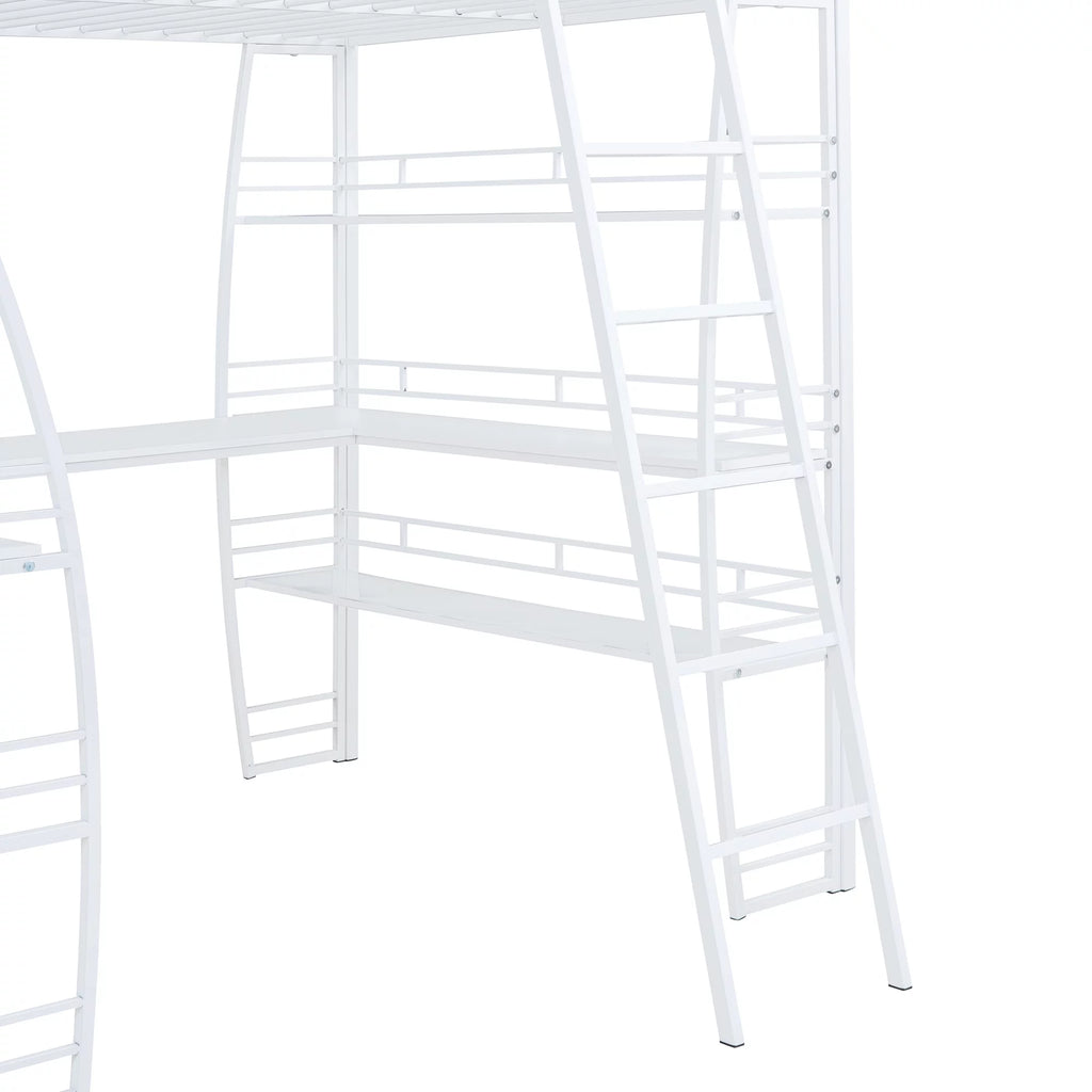 Full Size White Loft Bed with Shelves and L-shaped Desk N412999