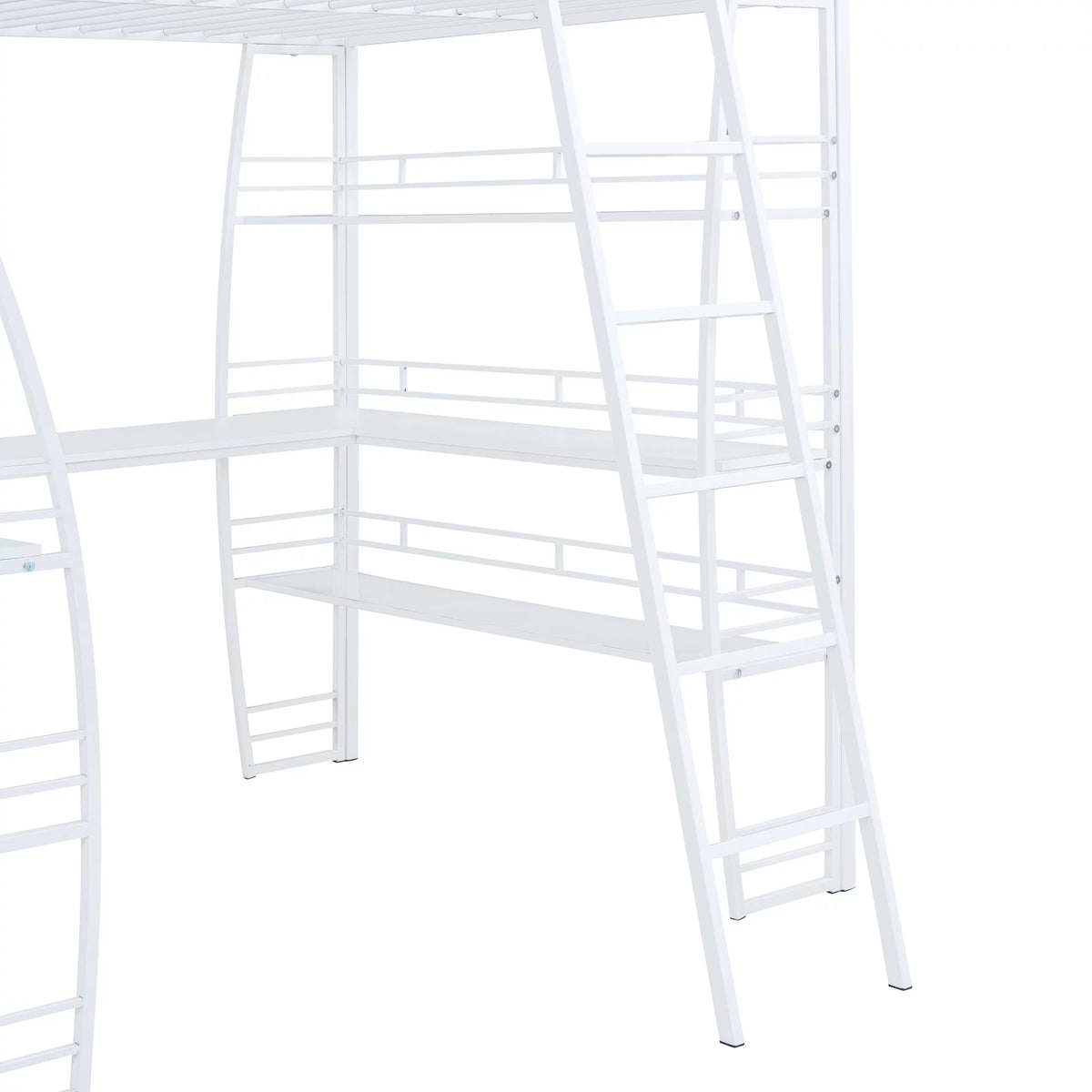 Full Size White Loft Bed with Shelves and L-shaped Desk N412999
