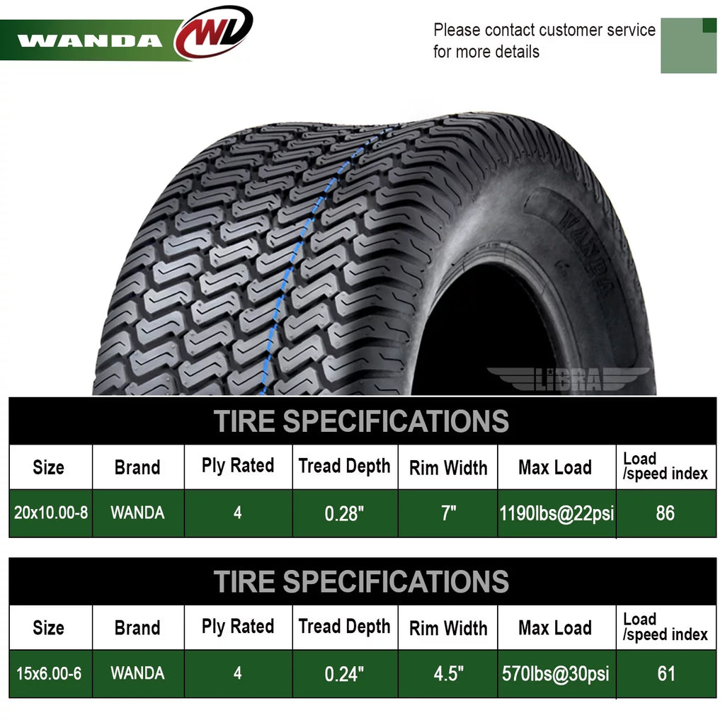 Set of 4 Lawn Mower Turf Tires 15x6-6 Front & 20x10-8 Rear J8375
