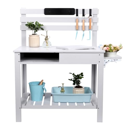 Wooden Potting Bench Table with 3 Side Hook Shelf Z70310