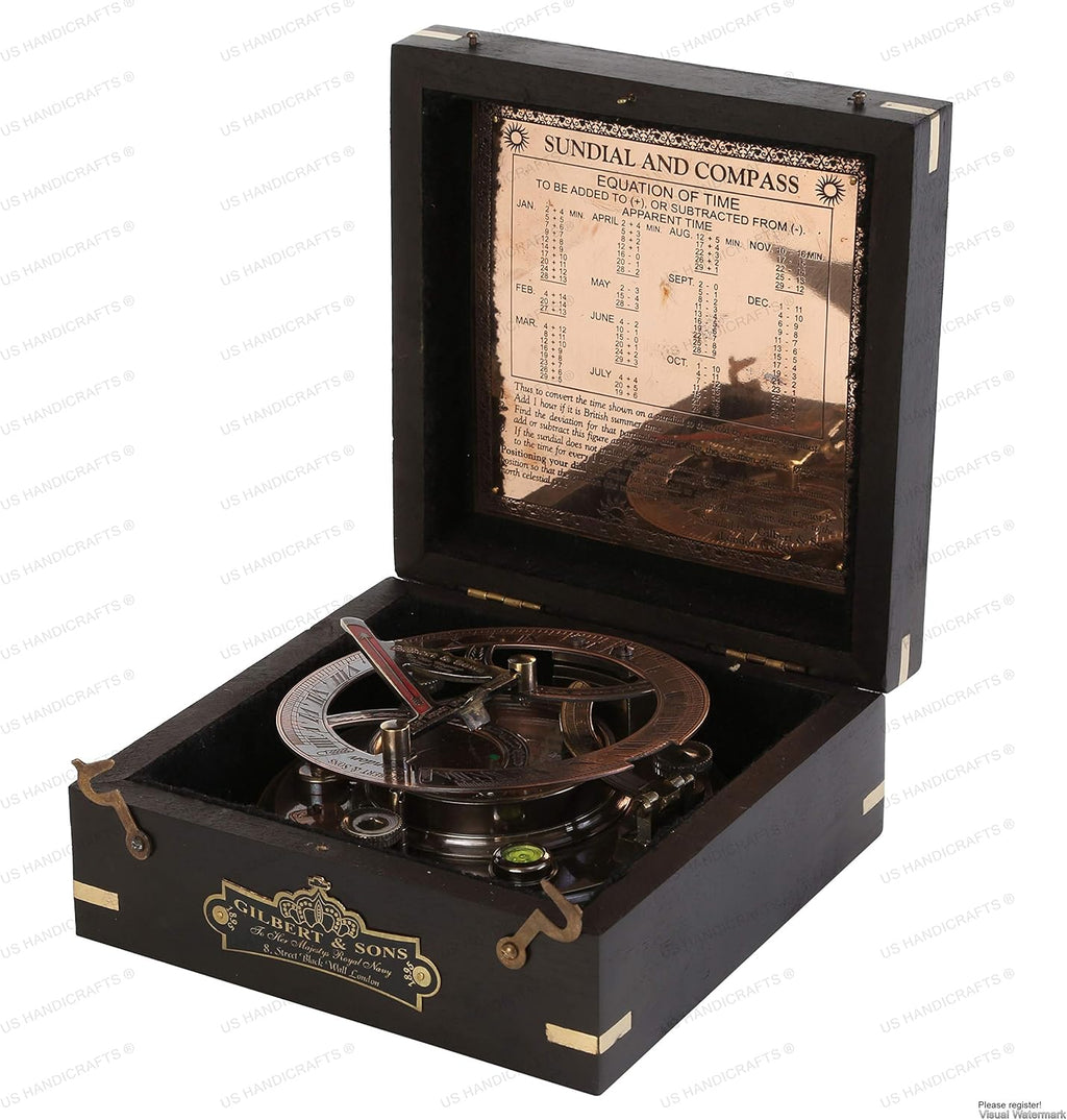 Sundial Compass with Black Wooden Case Brass Sundial S9684