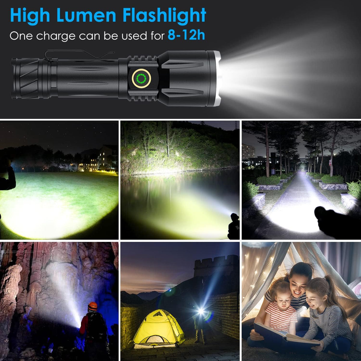 Rechargeable Tactical Flashlight, 120000 Lumens, 5 Modes, Zoomable, Waterproof J361
