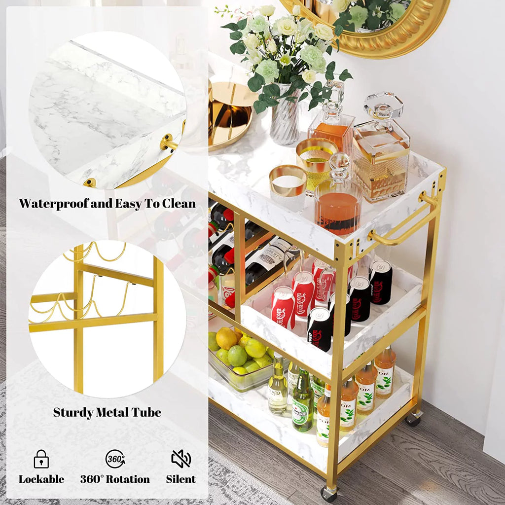 Gold Bar Cart with 12 Bottle Wine Rack E6957