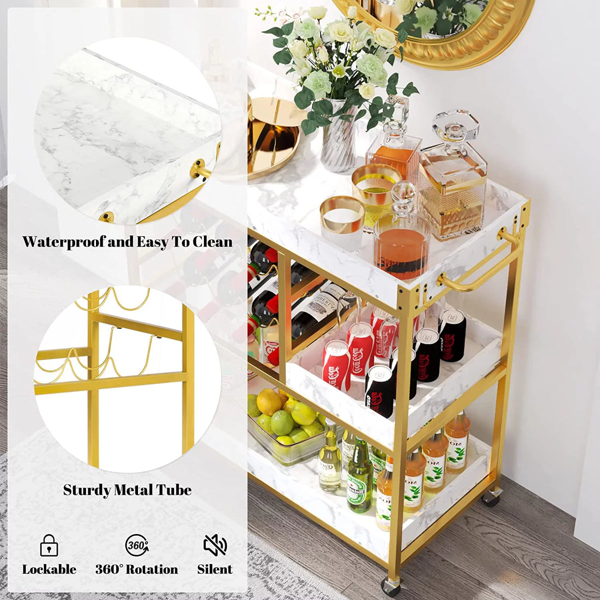 Gold Bar Cart with 12 Bottle Wine Rack E6957