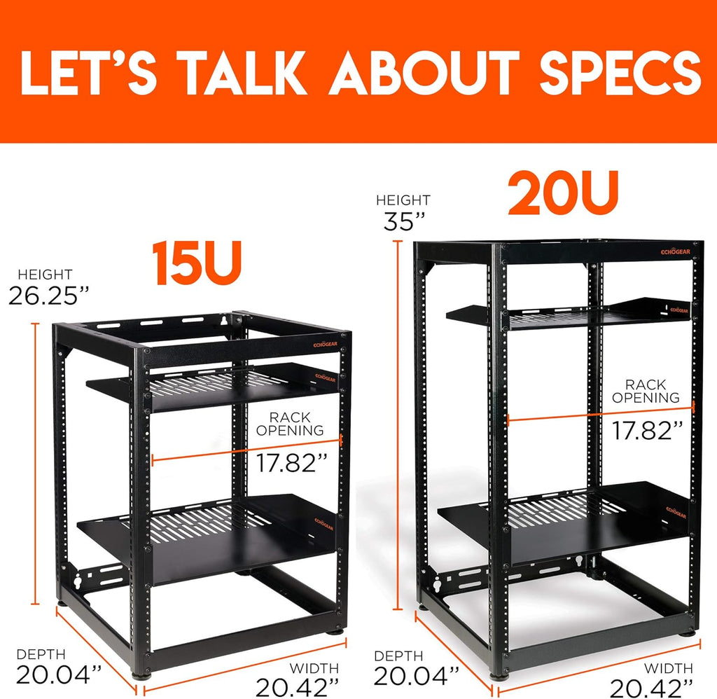 15U Open Frame 4 Post Rack with 2 Vented Shelves R167