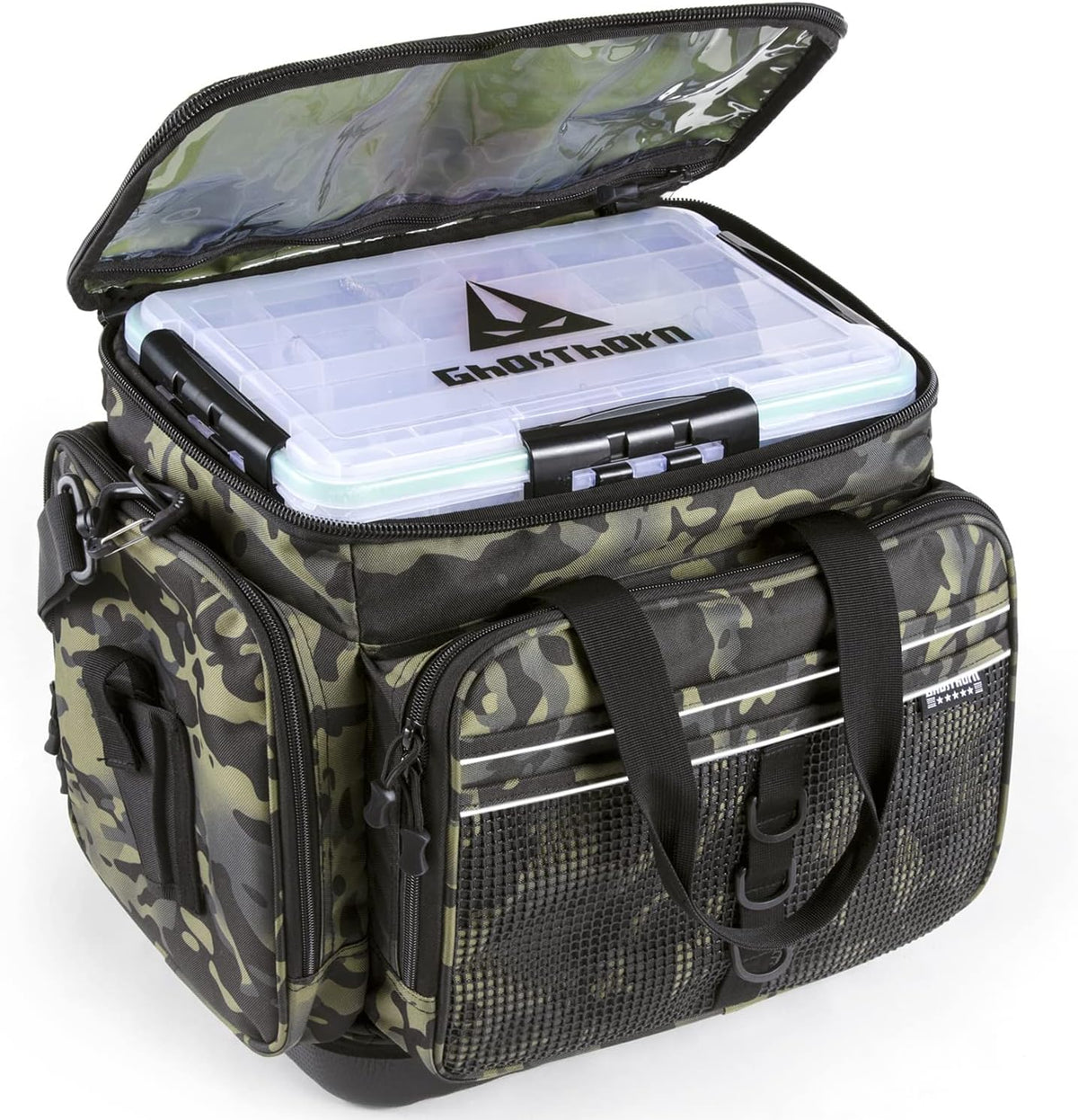 Large Multicam Black Fishing Tackle Bag with 5 Trays and Rod Holder A208166