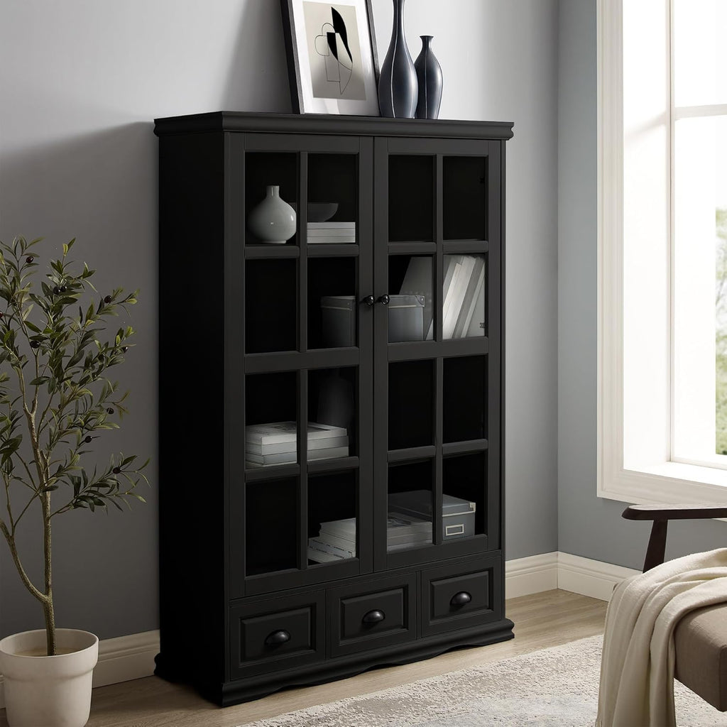 Black Storage Cabinet with Tempered Glass Doors and Adjustable Shelf K82175