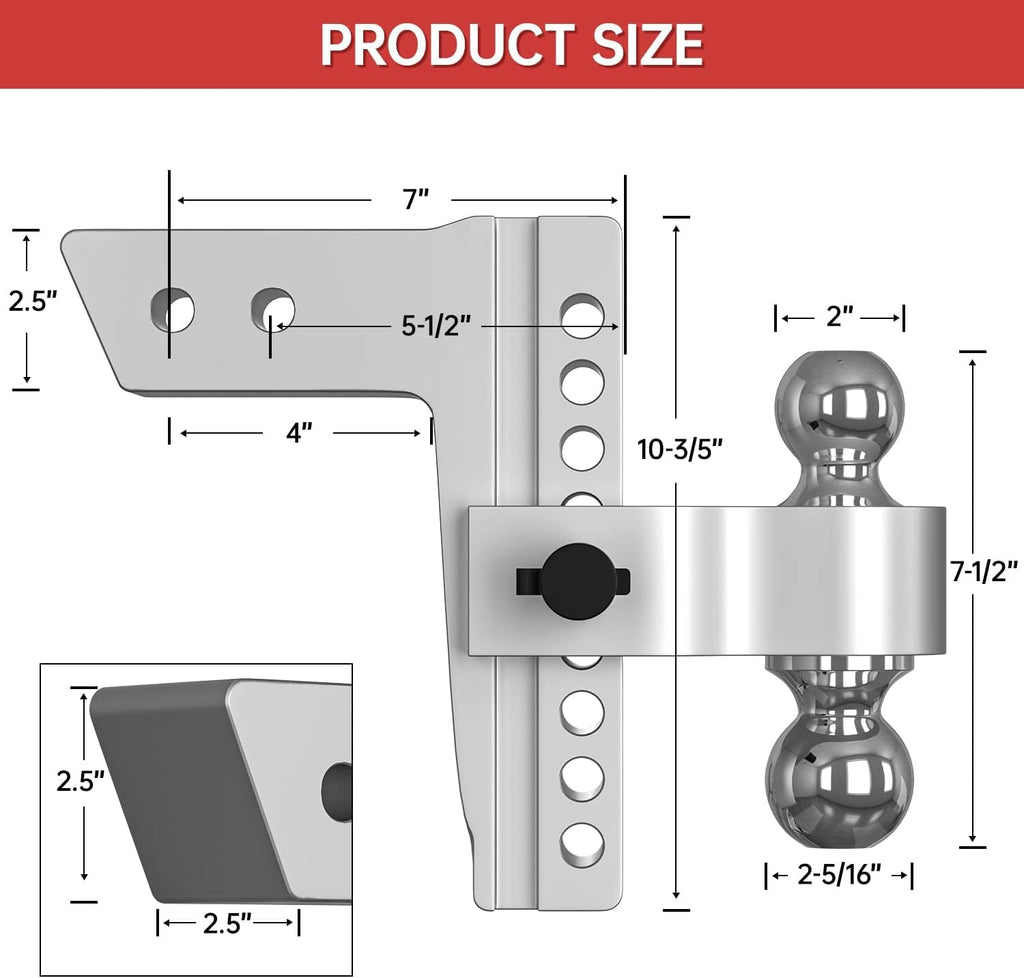 Adjustable Trailer Hitch Ball Mount, 8 Inch Drop, 2.5 Inch Receiver, 18,500 LBS GTW, Forged Aluminum Shank, Dual Balls M96815