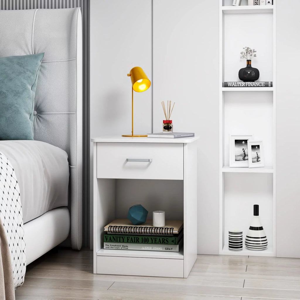 White Nightstand with Drawer and Storage Shelf E655