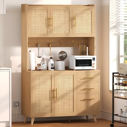 Black and Natural Tall Kitchen Pantry Cabinet with Microwave Shelf and Charging Station M729