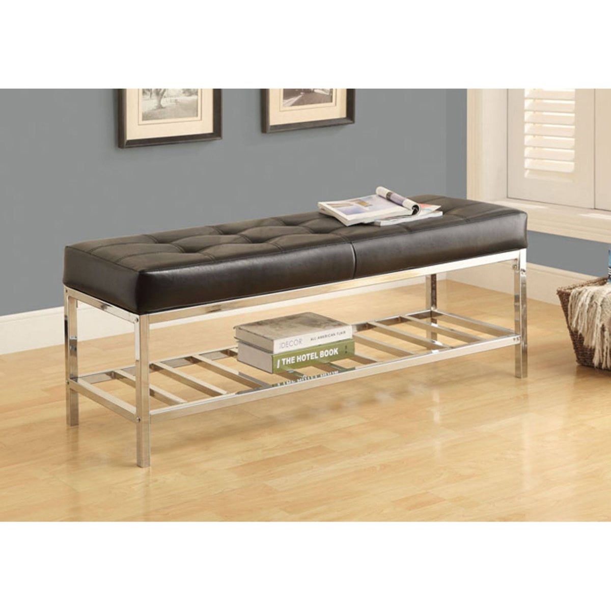 Black Leather-Look Chrome Metal Bench P856