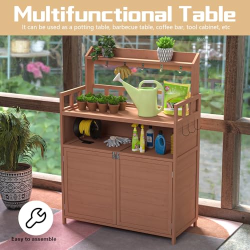 Brown Wooden Potting Bench with Storage Cabinet K783994