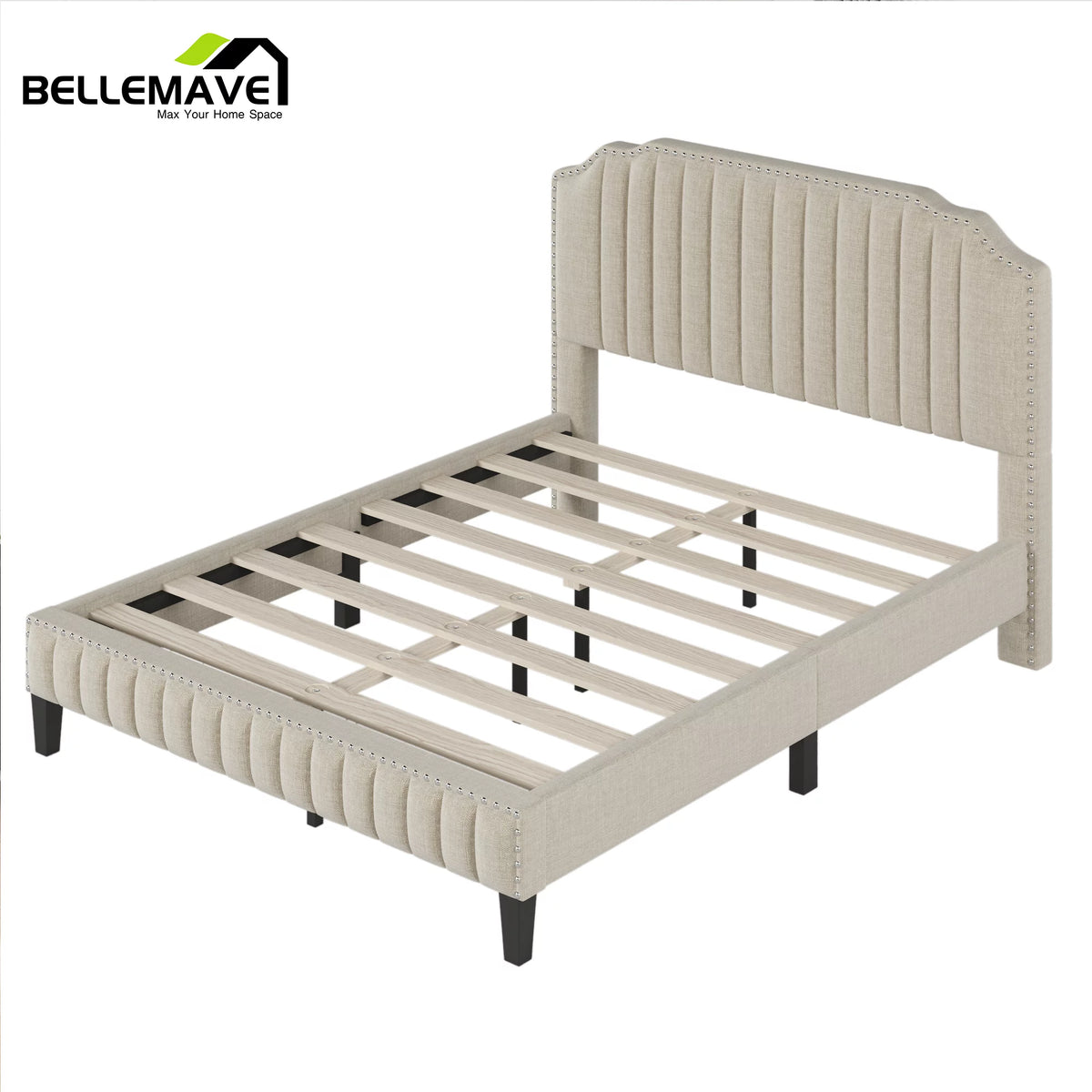 Linen Upholstered Platform Bed Frame Queen Size with Headboard T781