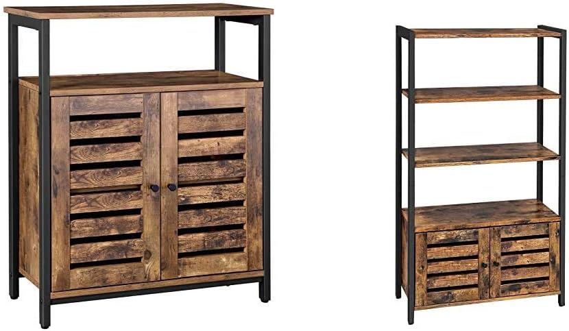 Rustic Brown Bookshelf with 3 Shelves and 2 Louvered Doors, Rustic Brown and Black Storage Cabinet X10472
