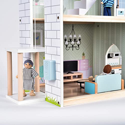 Large Pink Wooden Dollhouse with 15 Pcs Furniture & 3 Dolls M736