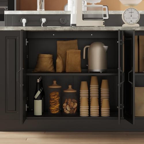 94.5" W Stationary Kitchen Island Storage Cabinet with Power Outlet, 3 Drawers, Black & Marble Grain F55584