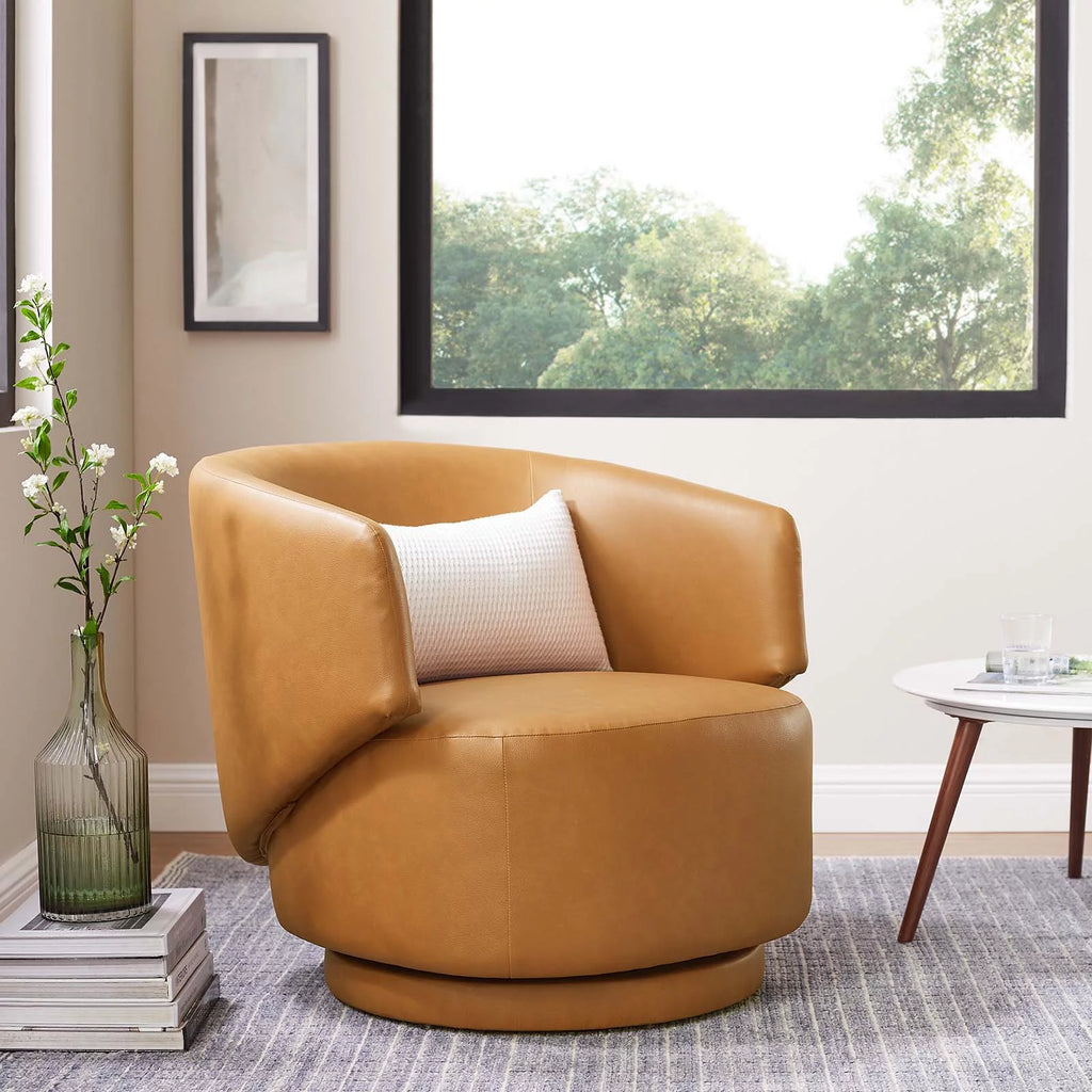Tan Vegan Leather Fabric and Wood Swivel Chair Z484601