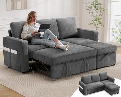 Green Chenille L Shaped Sleeper Sofa with Pull Out Bed E122