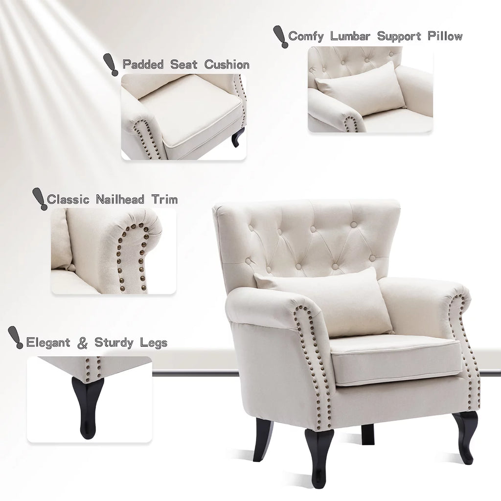 Beige Linen Tufted Accent Chair with Pillow N9360