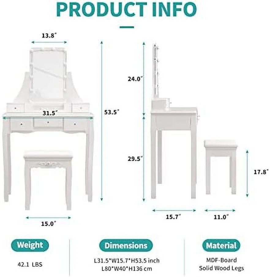 White Vanity Set with Lighted Tri-Fold Mirror and 4 Drawers I916