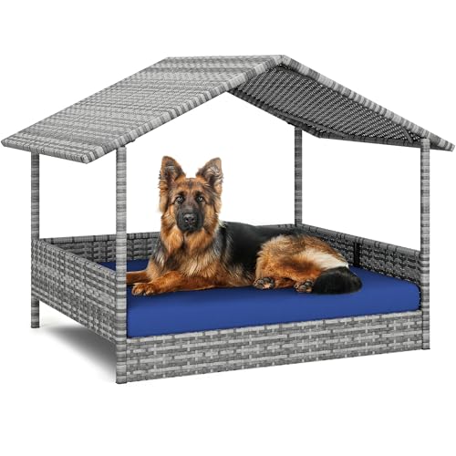 Large Wicker Dog House with Cushion and Canopy N115681