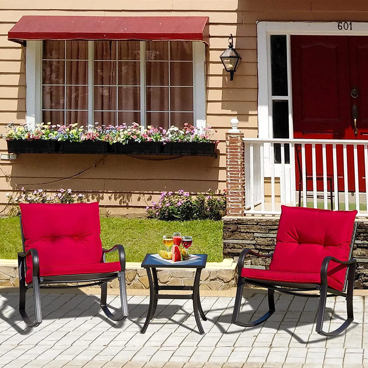 3 Pieces Bistro Set Rocking Chairs Cushion Glass Top Table Blue O1603