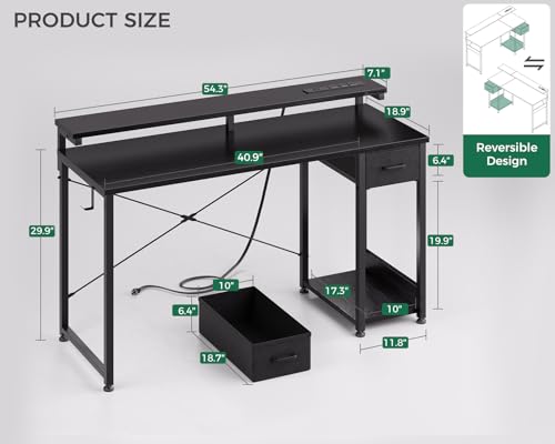 Black 40 Inch Computer Desk with LED Lights, Power Outlet, Drawer, Monitor Stand, Headphone Hook W3083