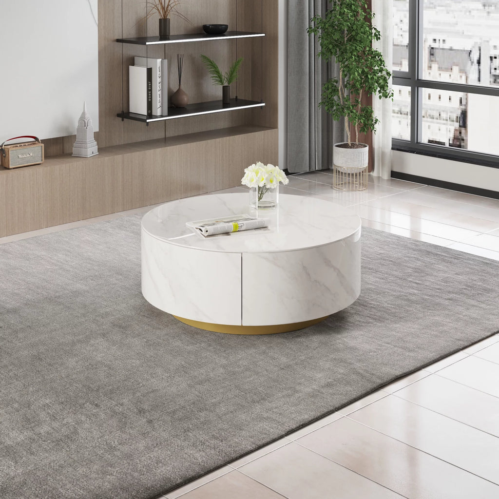 White Round Coffee Table with Two Drawers Y432