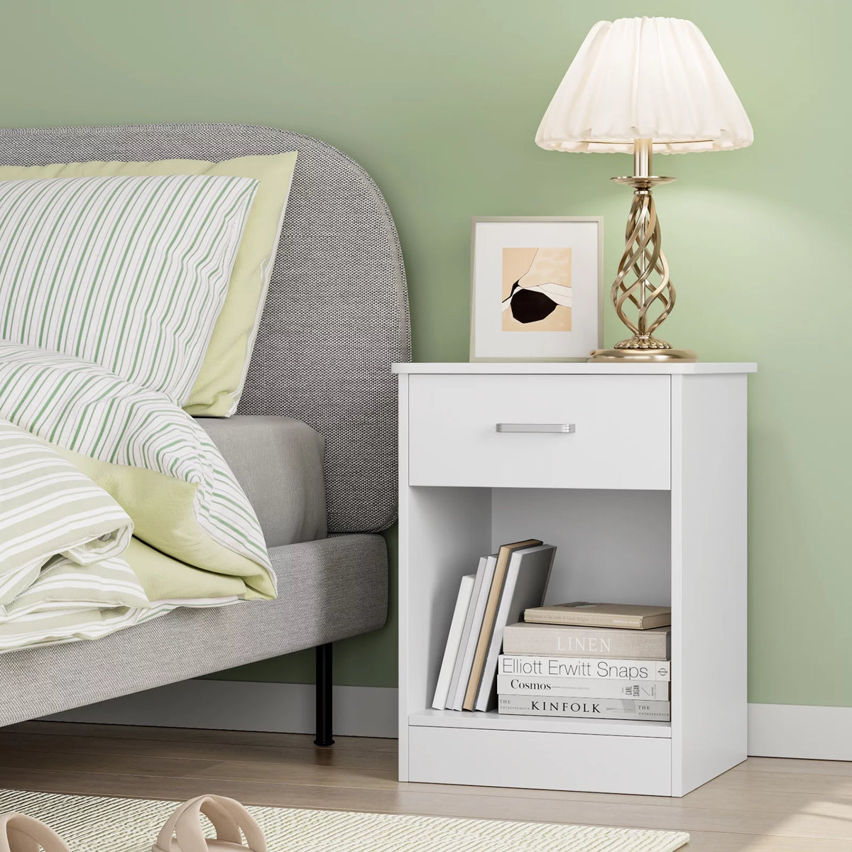 White Nightstand with Drawer and Storage Shelf E655