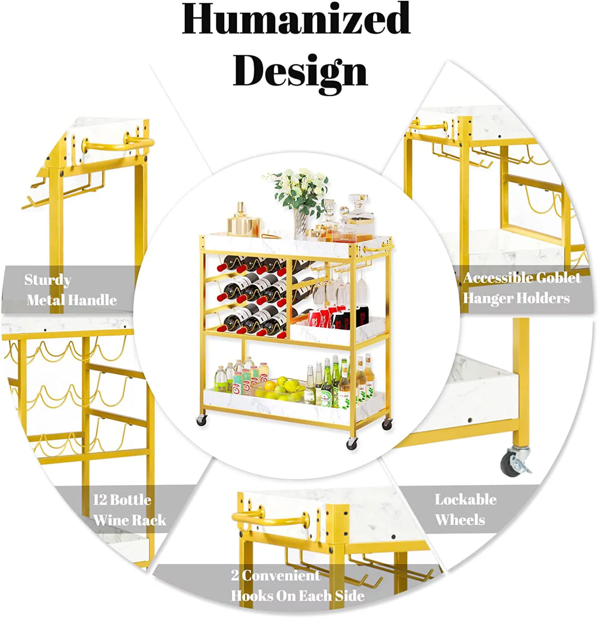 Gold Bar Cart with 12 Bottle Wine Rack E6957