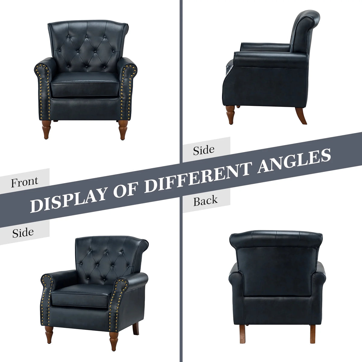 Navy Mid-Century Upholstered Accent Armchair with Wooden Legs U6154