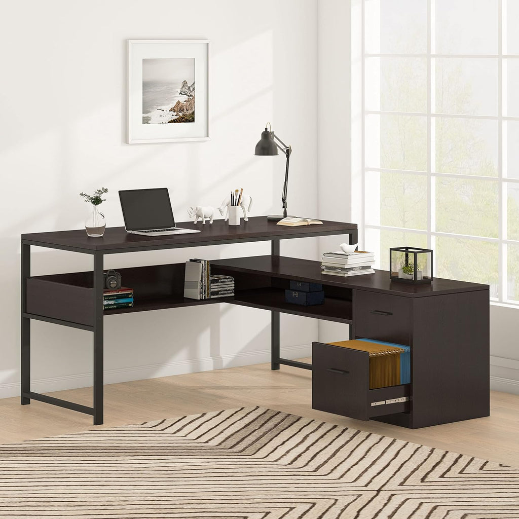 Cherry L-Shaped Computer Desk with Bookshelf and File Cabinet S638