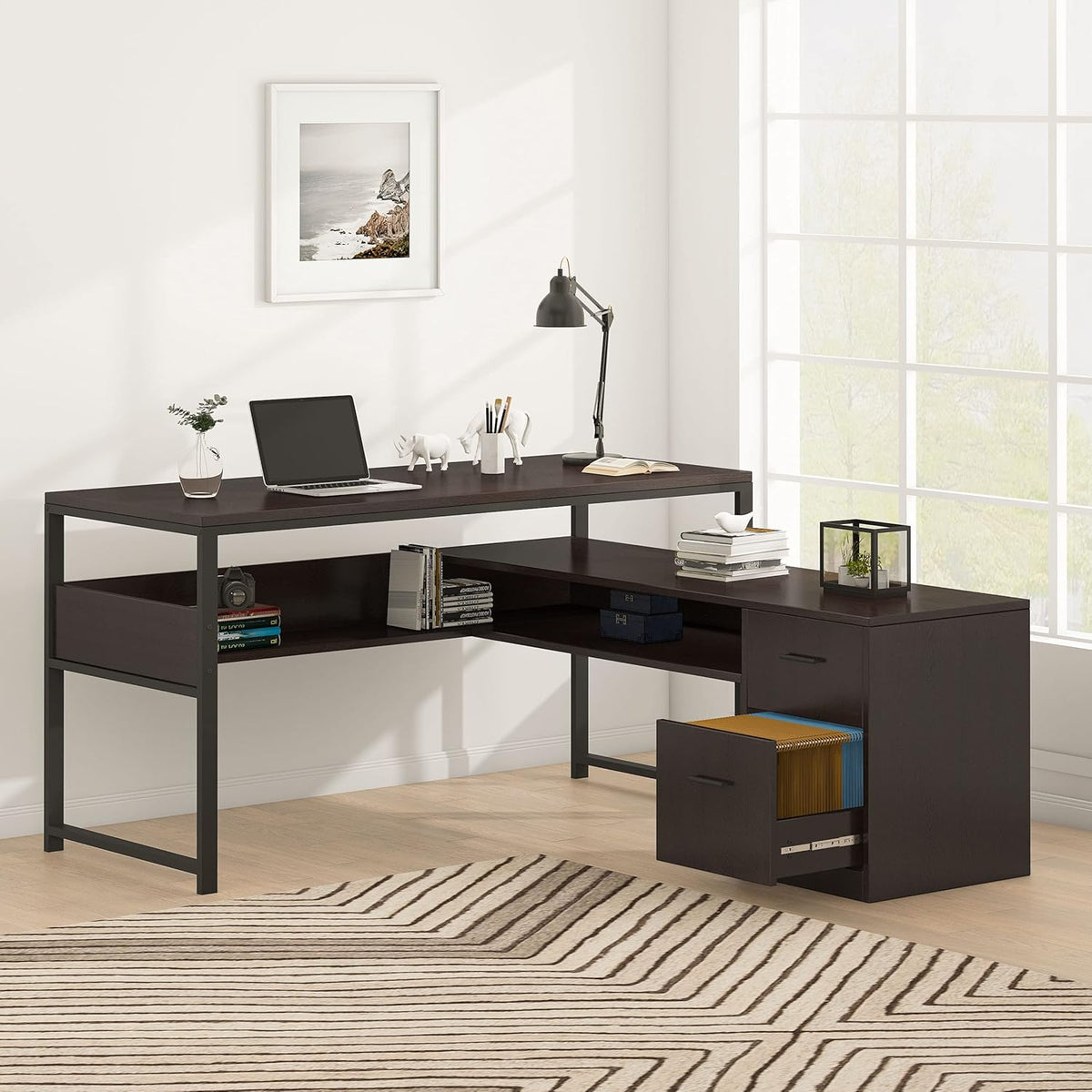 Cherry L-Shaped Computer Desk with Bookshelf and File Cabinet S638